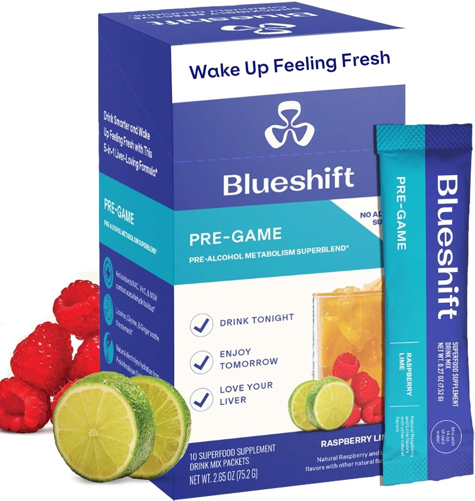Blueshift Pre- Game - Pre Dricking NAC supplement, elektrolytter pulver pakker, hydrering pakker, leverstøtte med ingefær, cystein, mælk tidsel, ingen sukker pulver sticks (10 Pack)