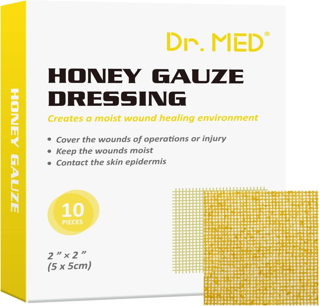 Dr. Med Honey Gauze Dressing, 2 "x 2" (10 PCS / Box) Honey Medical Bandage Sårpleje Patch for mindre Abrasions, Cuts, Crantions, Scald og Burns for Sår Healing, Chemical and Drug Free