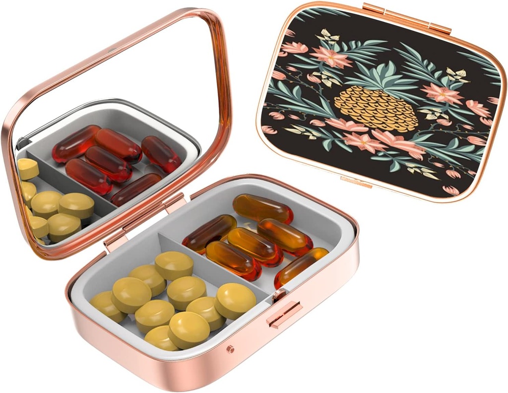 Cute Small Pill case for Pockets & Purses, Elegant Pill Box gør en stor gave, 2 Segment Travel Medicine Arrangør Stores Progesteron, Capsule Pills, Ibuprofen, Vitamins-Rose Gold2