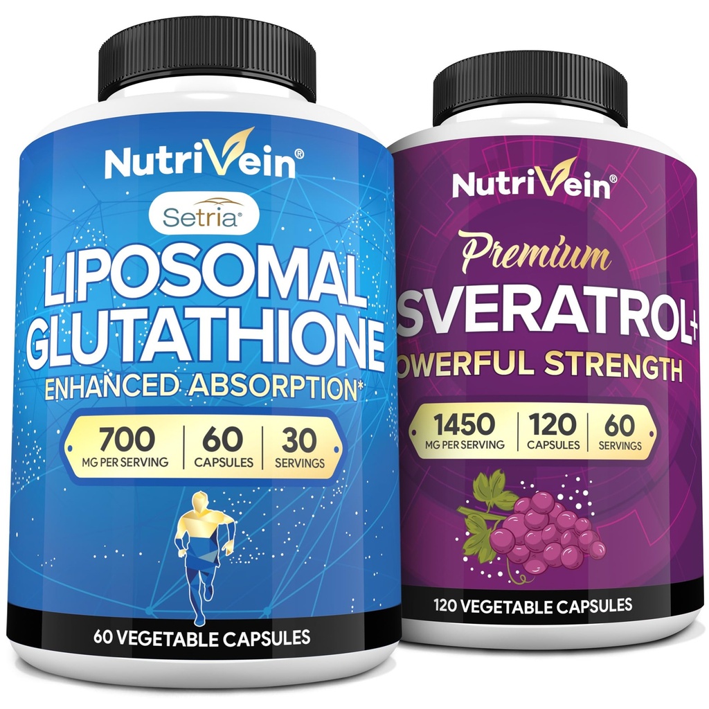 Nutrivein Liposomal Glutathion Supplement & Resveratrol Supplement Bundle: High- Absorption Liposomal Glutathion & Resveratrol kapsler til ernæringsmæssig støtte