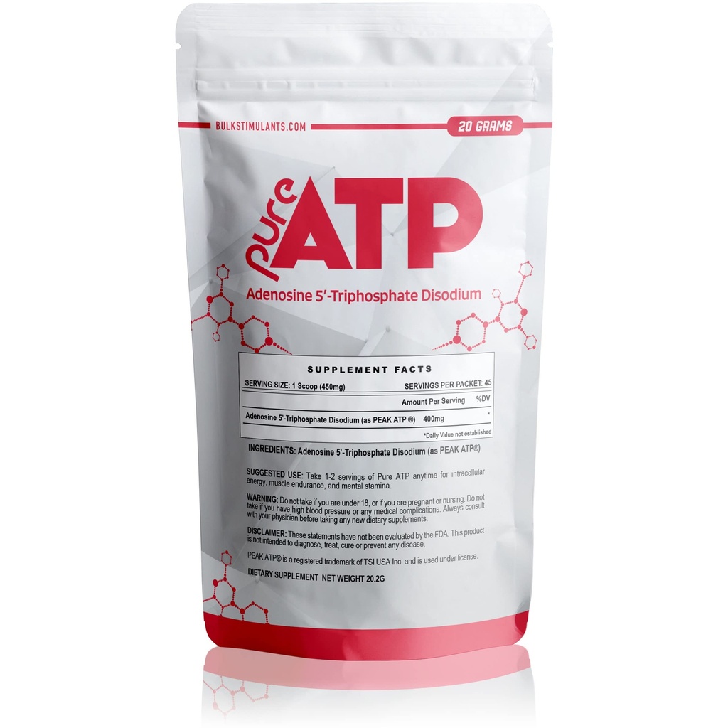 BulkStimulanter Pure ATP Adenosin Triphosphat Powder - Øge energi, Endurance, Styrke, Inddrivelse & Muskelpumpe, Hurtigere end Creatin HMB & nitrogenoxid, Natural Pre Workout Supplement - 20 Bedste