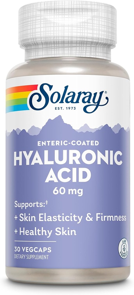SOLARAY Hyaluronsyre tredobbelt styrke - Hud Elasticitet og Firmness Support - Plus C-vitamin - Lab Verified, 60 Day Money- Back Garanti, 30 Servere, 30 VegCaps