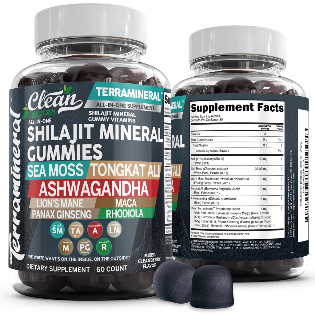Teraminal Shilajit Gummies med Irish Sea Moss Tongkat Ali Ashwagandha Lions Mane MACA Panax Ginseng Rhodiola & Cordyceps af Clean Nutra (1)