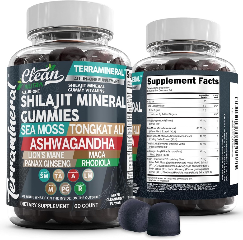 Teraminal Shilajit Gummies med Irish Sea Moss Tongkat Ali Ashwagandha Lions Mane MACA Panax Ginseng Rhodiola & Cordyceps af Clean Nutra (1)