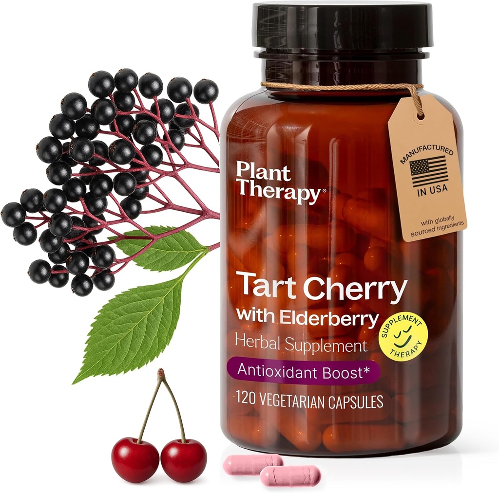 Plant Terapi Tart Cherry Kapsler med Elderberry Fremstillet i USA 4 måneders Supply Support The Body, Immunsystem & Sleep Cycle Kosttilskud til kvinder & mænd 120 Vegetarisk Capsule
