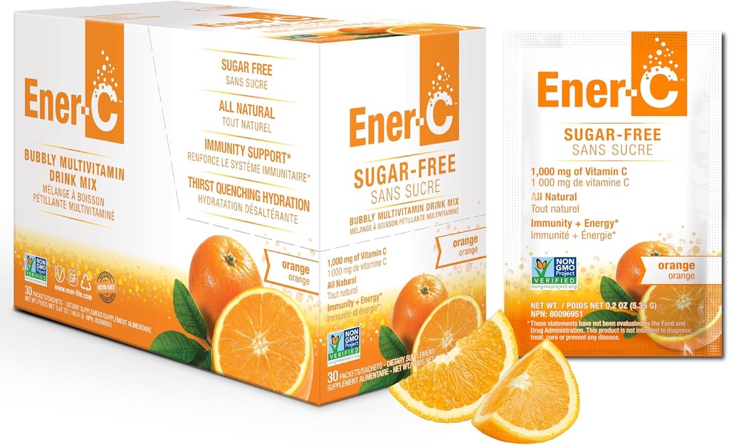 Energi-C Sukker Free Energy Orange Multivitamin Drink Mix vitamin C 1000mg & Electrolytes - Naturlig Immunitet støtte med Real Fruit Juice Powders Non-GMO Vegan & Gluten Free - 30 Greve