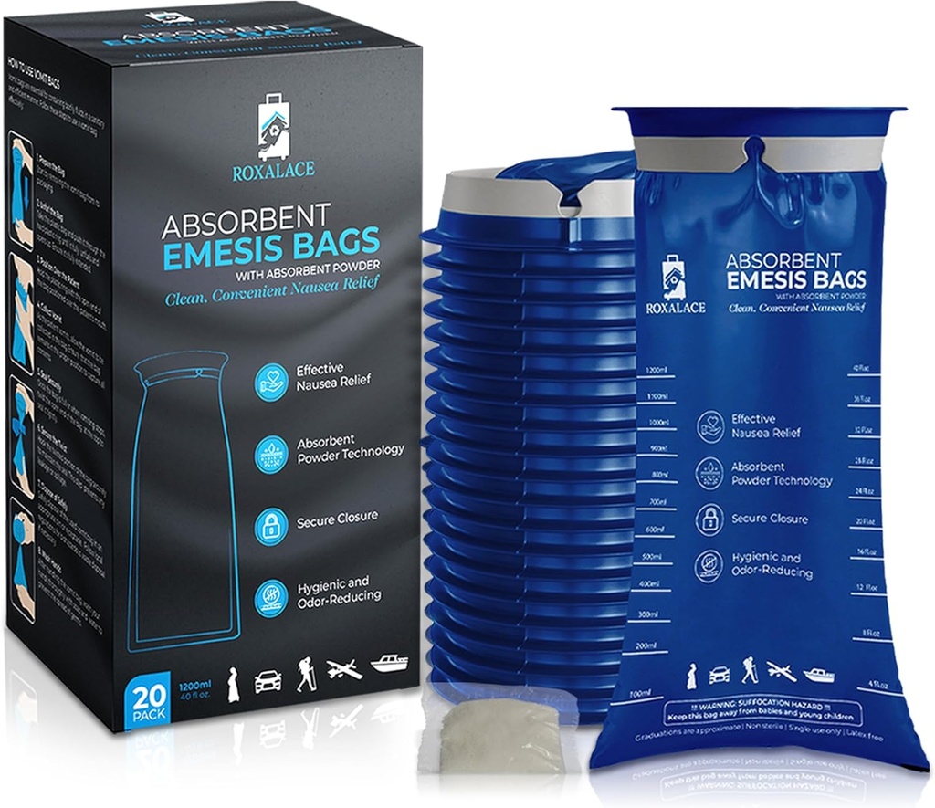 ROXALACE ® Emesis poser med Absorbent pulver til kvalme og opkastning Relief - 20 Pack 1200ml, Travel- Friendly, Hygiejne løsning til motion sygdom, morgen sygdom, omsorgsfulde, og nødsituationer