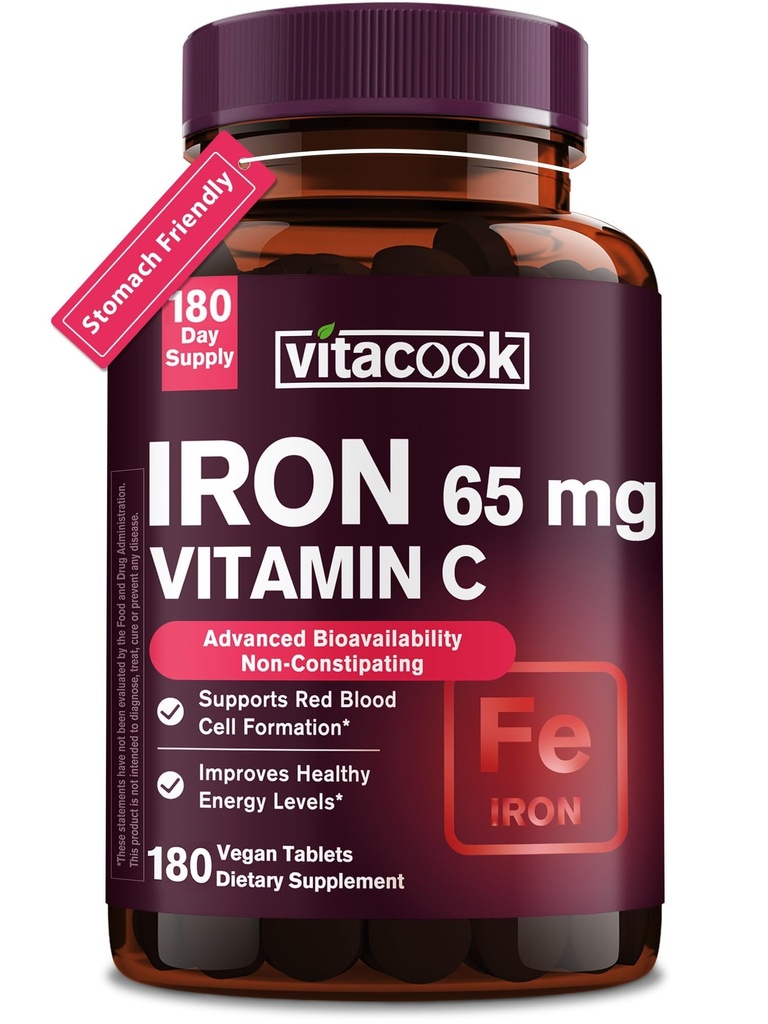 Iron Supplement for kvinder Mænd, høj potens Iron 65mg med vitamin C 250 mg, Mave venlige jernpiller til røde blodceller & immunforsvar, Non- GMO & Gluten Free, 180 Veganske tabletter