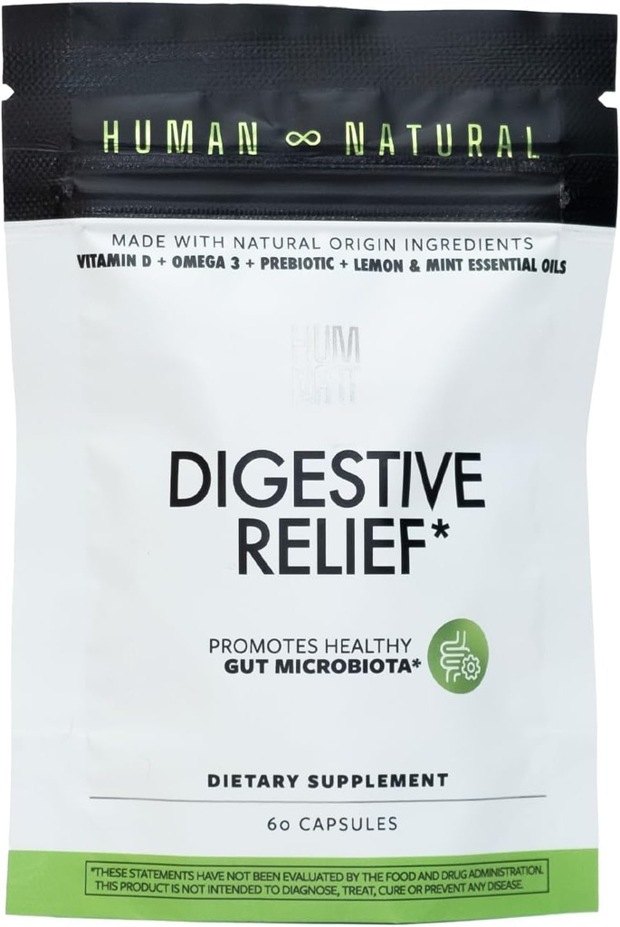 Digestive Relief | Vegan Formula with Vitamin D, Omega-3, HMO, Chia Oil, Lemon & Peppermint Oils | Relief for Bloating & Gut Health | 60 Capsules
