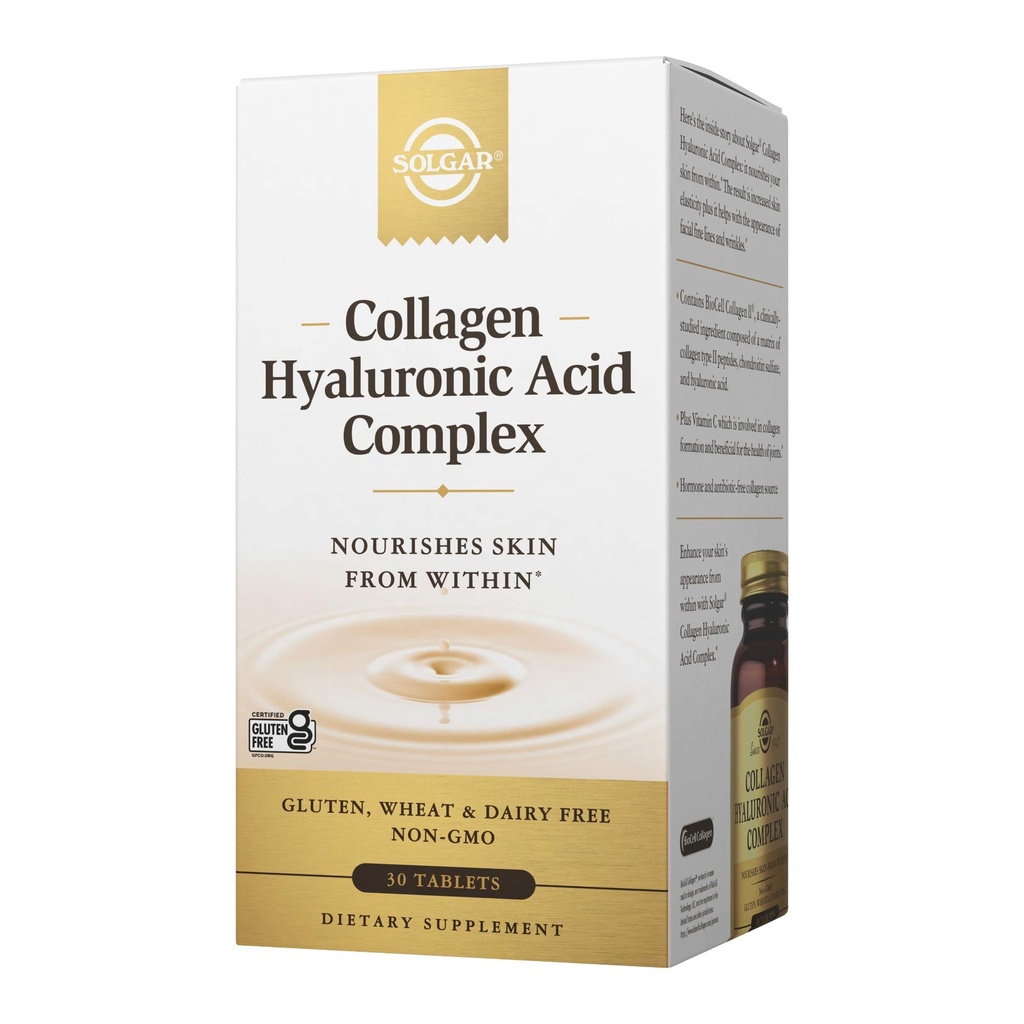 Solgar Collagen Hyaluronic Acid Complex, 30 tabletter - Hydrolyzed Collagen Type 2 - Hjælper med fine linier & wrinkler - Øger hud collagen & Elasticitet - Non- GMO, Gluten & Dairy Free - 30 Servere