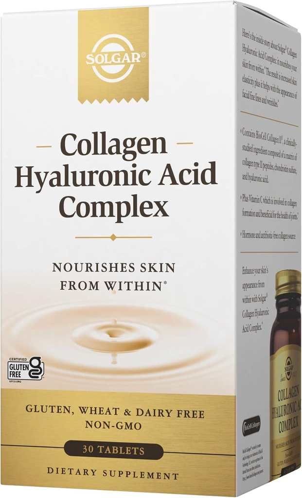 Solgar Collagen Hyaluronic Acid Complex, 30 tabletter - Hydrolyzed Collagen Type 2 - Hjælper med fine linier & wrinkler - Øger hud collagen & Elasticitet - Non- GMO, Gluten & Dairy Free - 30 Servere