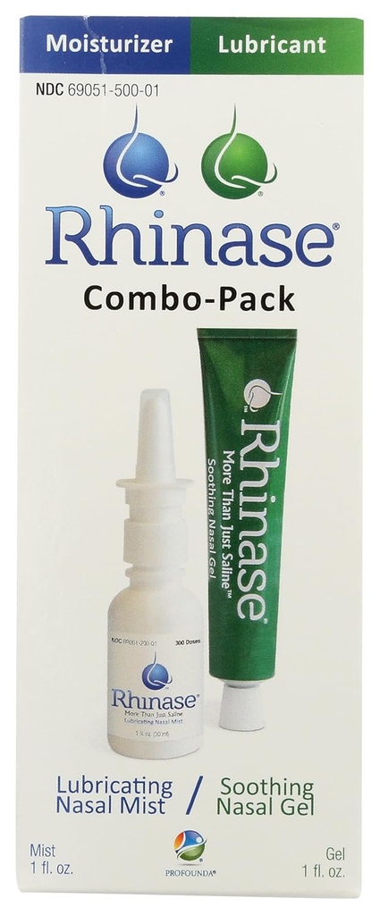Rhinase Nasal Care Combo Pack - Nasal Gel (1 oz) & Saline Spray (1 oz) for tørhed, Allergi Relief & Nosebloed Prevention, Aloe- Free & pH Balanceret