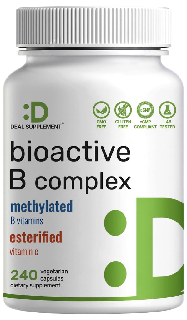 Bioaktivt vitamin B kompleks for mænd og kvinder, 240 Veggie kapsler - Metyleret B kompleks & esterificeret C-vitamin - høj potens & let absorption - immunforsvar, energi & metabolisme supplement - non-GMO