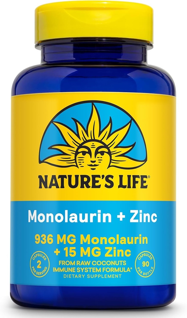 Naturens liv Monolaurin Plus Zink immunforsvar Support - 936mg Monolaurin fra rå kokosnødder, Zink 15mg, Understøtter Gut Health, Balanced Gut Flora, 60- Day Garanti, 45 Serv, 90 Vegetariske Kapsler