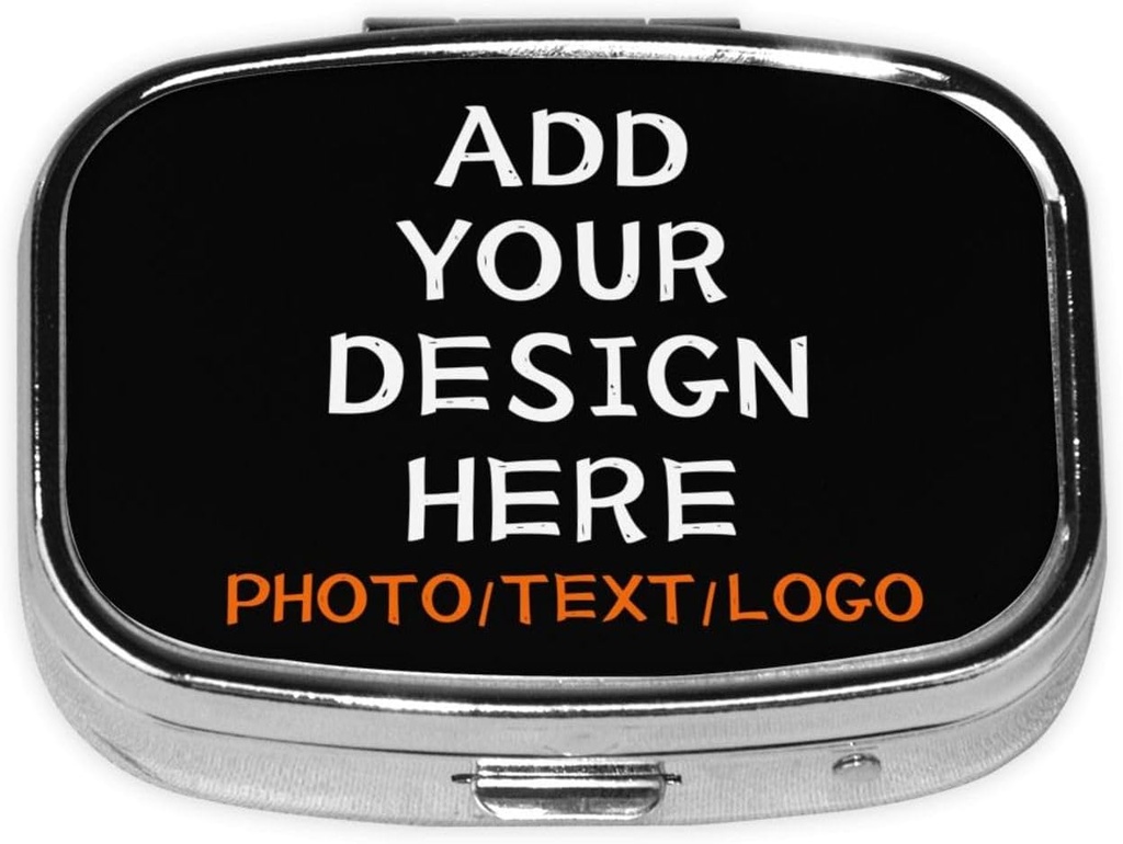 Custom Square Pill Box with Mirror Personalized Photo Text Logo Name Travel Small Pill Case 2 Compartment Customized Portable Metal Medicine Container Vitamin Organizer for Pocket Purse
