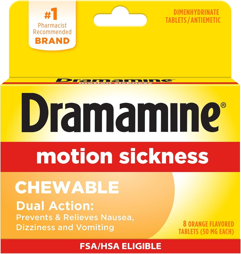 Dramamin Chewable, Motion Sygdom Relief, Orange Flavor, 8 Greve