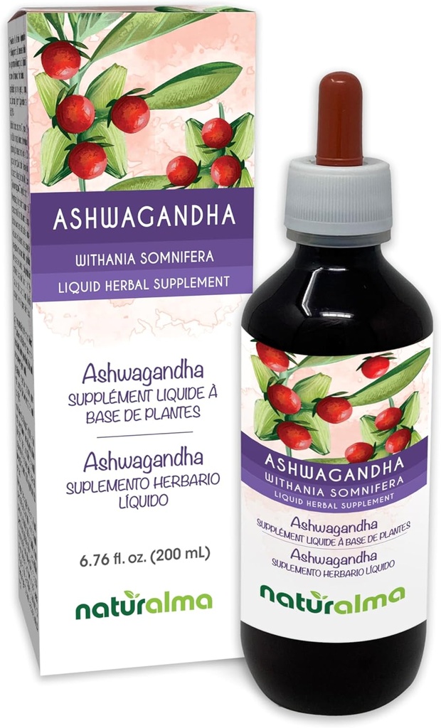 Naturalma Ashwagandha (Withania somnifera) Root Alcohol- Free Tincture - 6,76 fl oz Liquid Extract in Drops - Herbal Supplement - Vegan