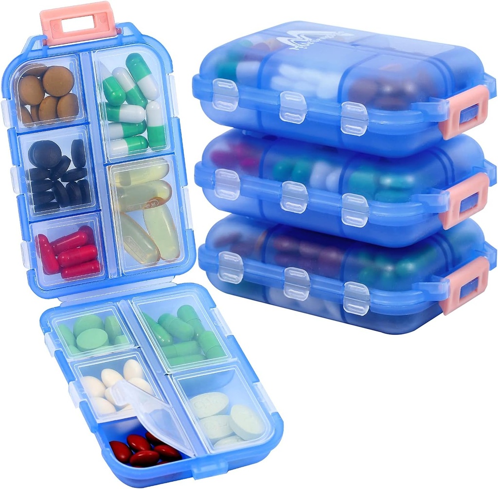 4PS Travel Pill Organizer med 164 Slice Labels Measures 10 Compartments Travel Pill Box Portable Folding Lille Pill sag Daglig Pill Container bruges til Carry Storage Medicine Organizer af M Muchengbao (blå)