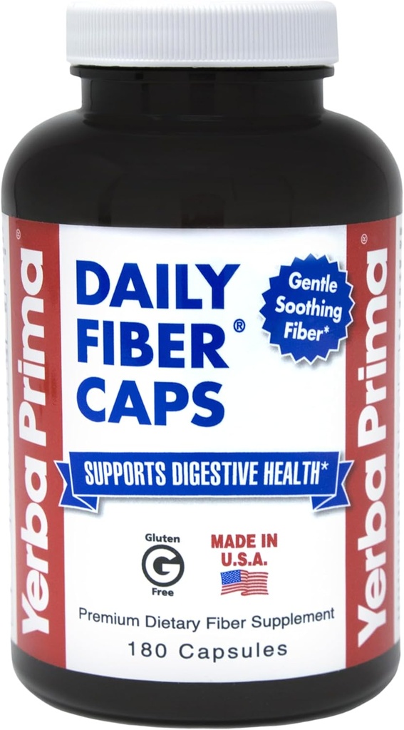 Yerba Prima Daily Fiber Caps - 180 Kapsler - Opløselige & Uopløselige kostfibre supplement - Colon Cleanse - Gut Health - Vegan, Non- GMO, Gluten- fri