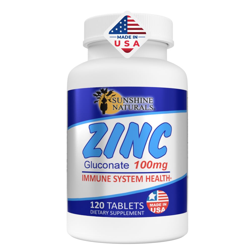 Sunshine Naturals Zink Gluconate Mineral Supplement - Understøtter immunsystemet, fremmer sårheling, forbedrer hudsundhed, giver antioxidant forsvar - 100mg, 120 tabletter, høj potens