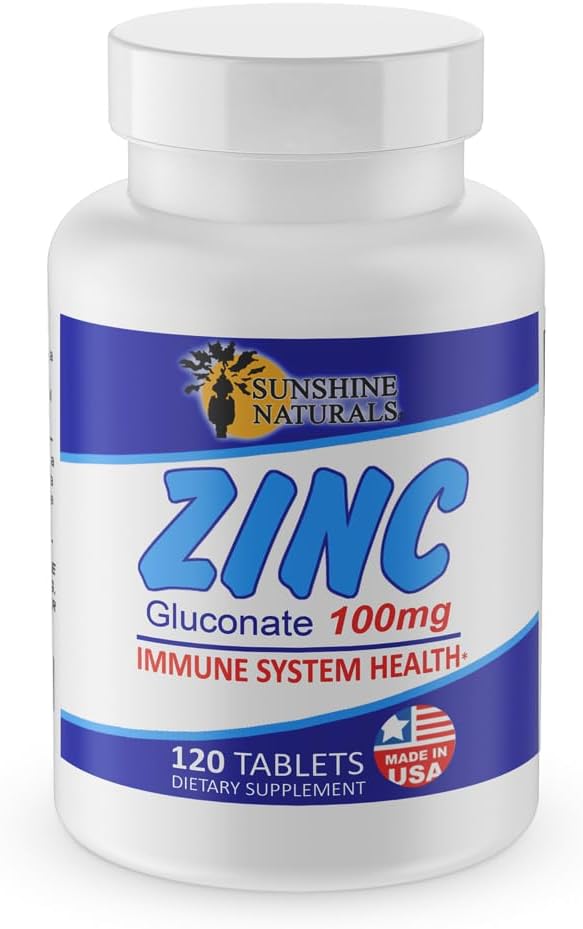 Sunshine Naturals Zink Gluconate Mineral Supplement - Understøtter immunsystemet, fremmer sårheling, forbedrer hudsundhed, giver antioxidant forsvar - 100mg, 120 tabletter, høj potens