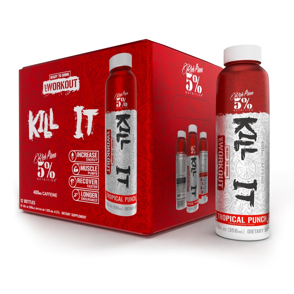 5% Nutrition Kill It Ready- to- Drink High Stim Pre Workout (124; 400mg Coffein Energy Drink) 124; Extreme Pump, Endurance, Focus & Hydration (124; Citrullin, Beta Alanine, Taurin) 124; 12 Pack (Tropical Punch)