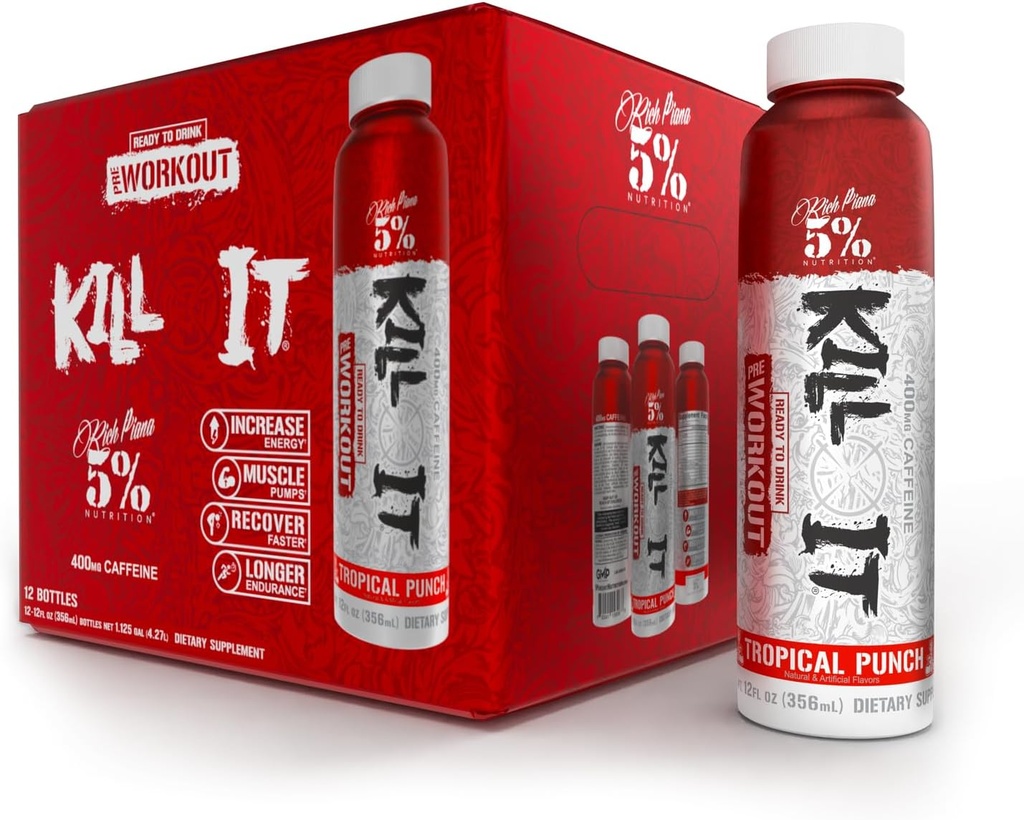 5% Nutrition Kill It Ready- to- Drink High Stim Pre Workout (124; 400mg Coffein Energy Drink) 124; Extreme Pump, Endurance, Focus & Hydration (124; Citrullin, Beta Alanine, Taurin) 124; 12 Pack (Tropical Punch)