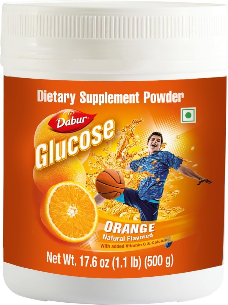 Dabur Glucose - Glucose Powder - Forstærket med D-vitamin og calcium - A Tasty Orange - 500 Bedste