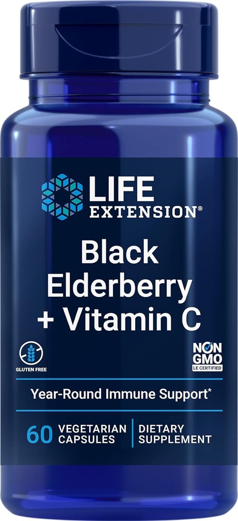 Life Extension Black Elderberry + C-vitamin, Everyday Immunsupport fra Elderberry & C-vitamin, Gluten Free, Non- GMO, Vegetar, 60 kapsler
