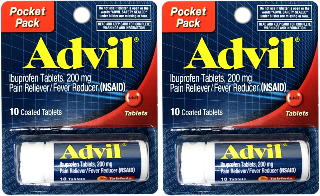 2 pakker Pocket Pack Advil Pain Reliever / Fever Reducer Ibuprofen 200mg - 10 overtrukne tabletter PER Pack (20 tabletter i alt)