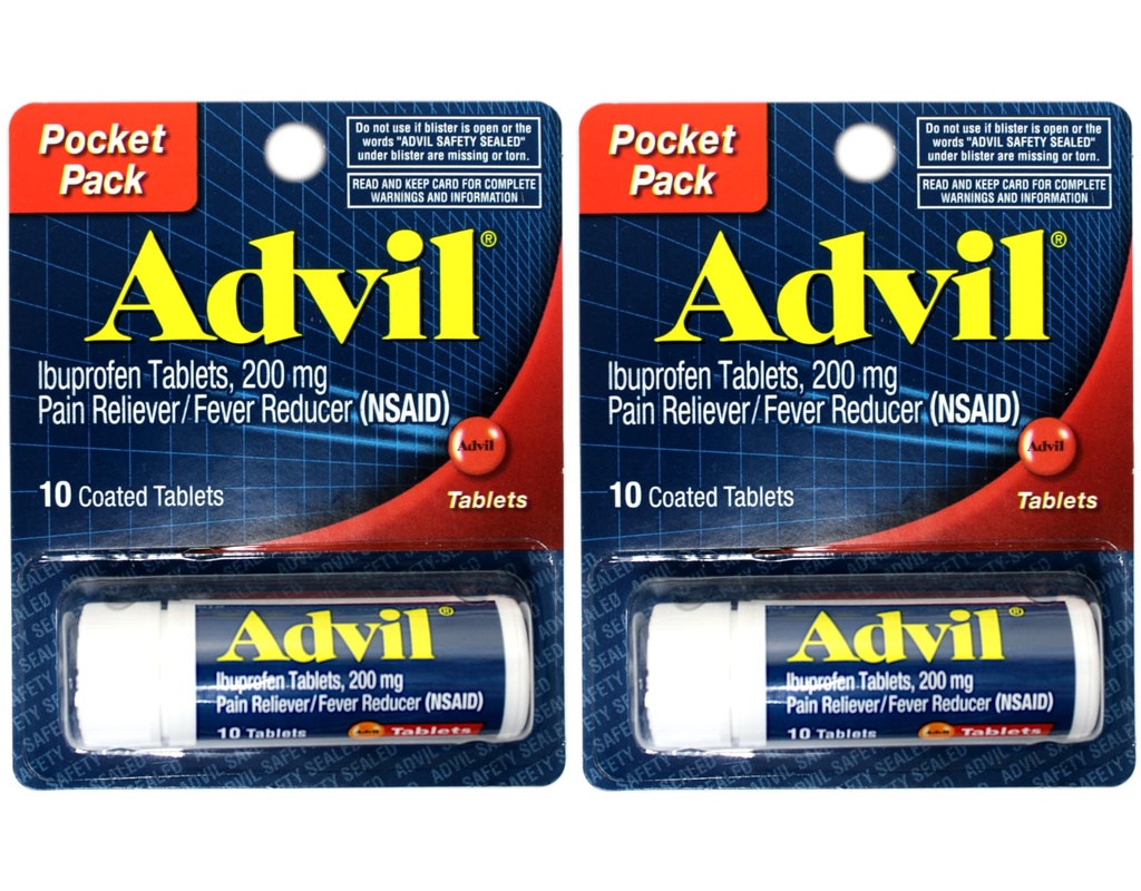 2 pakker Pocket Pack Advil Pain Reliever / Fever Reducer Ibuprofen 200mg - 10 overtrukne tabletter PER Pack (20 tabletter i alt)