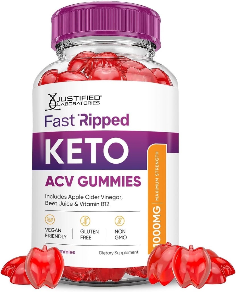 Justified Laboratories Fast Ripped Keto ACV Gummies Advanced Formel 1000MG Fast Ripped Keto Gummies Apple Cider Vinciate Formuleret med Pomegranate Beet Juice Powder B12 Vegan Non GMO 60 Gummys
