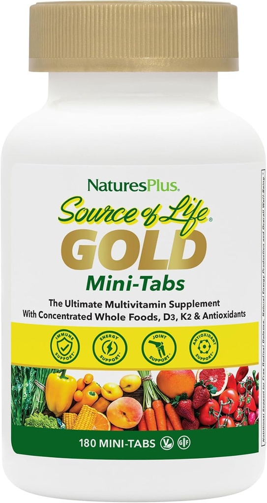 NaturesPlus Kilde til liv Gold Multivitamin - 180 Mini- Tabs, pakke med 2 - med Vitamin D3, B12 & K2 - Vegetar & Gluten Free - 60 Total Servering
