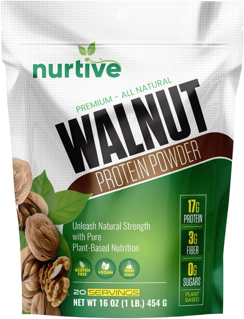 Walnut Protein Powder - Rich in Omega-3 & Plant-Based Protein - Antioxidant Boost - Ideal for Smoothies & Baking - Gluten Free, Vegan, Non GMO - 20 Servings (16 oz / 454 g)