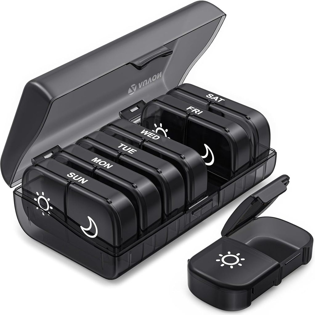 AUVON XL Ugentlig Pill Organizer 2 gange om dagen, Pill Box 7 dag med One- Side store åbninger for nem at bruge, Black Privacy Protection AM PM Pill sag for medicin, vitaminer, fiskeolier, kosttilskud