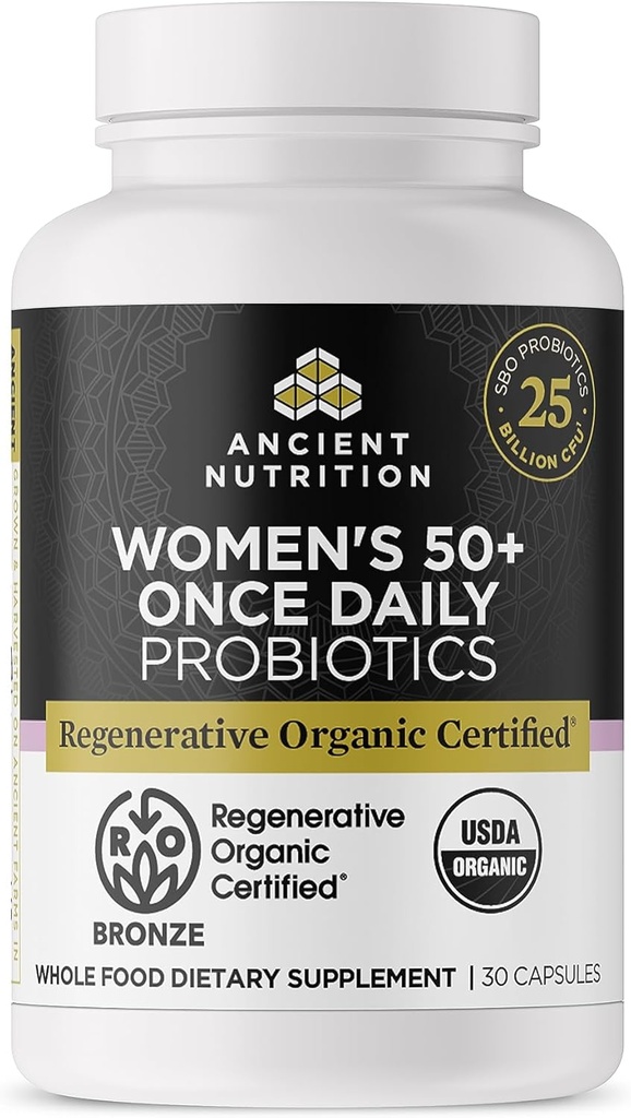 Ancient Nutrition Regenerative Organic Certified Probiotics for Women 50 +, Probiotics Women 's 50 + En gang dagligt, sund fordøjelse og immunsystem support, 25 milliarder CFU * Per Serving, 30 Greve