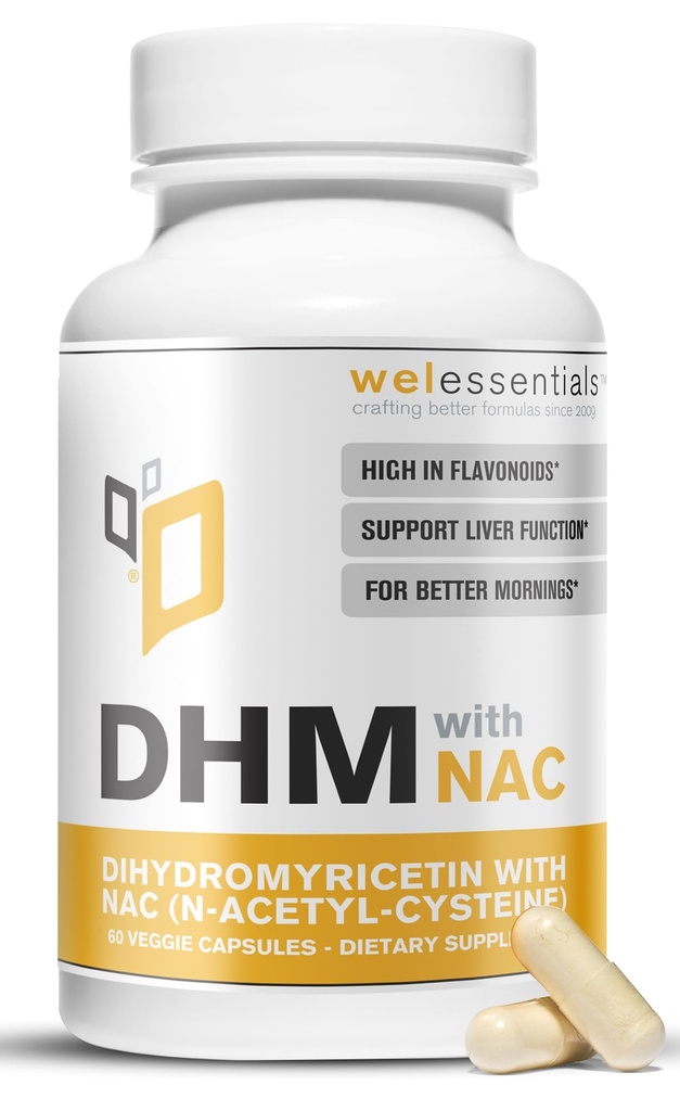 Dihydromyricetin DHM med NAC - 650mg x 60 kapsler - 300mg N- Acetyl- cystein, 350mg Dihydromyricetin - Max Strength Kosttilskud til leverstøtte, hydrering