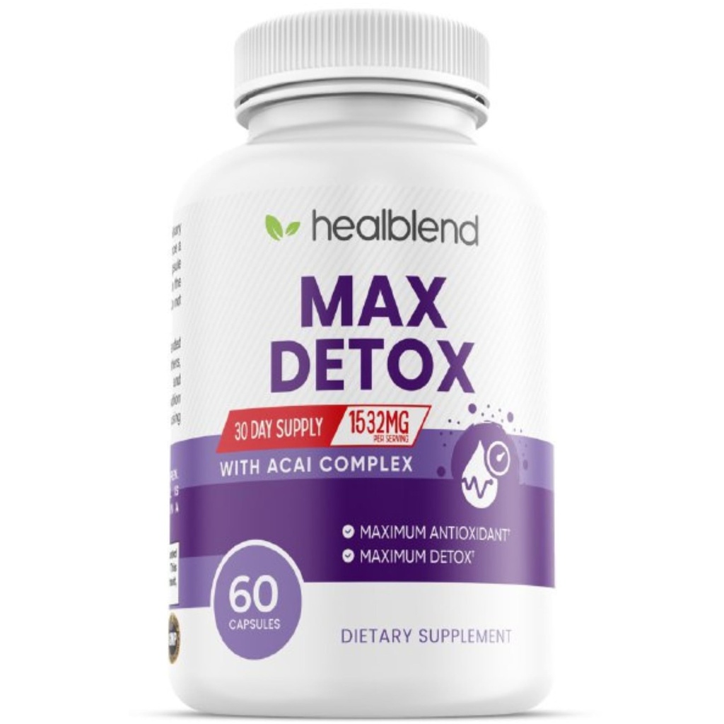 Max Detox supplement, Advanced Gut Cleanse Detox for kvinder og mænd med Psyllium, Chlorella, Hyssop Herb & Papaya, med Acai Complex - Colon Cleanse - 60 kapsler (1)