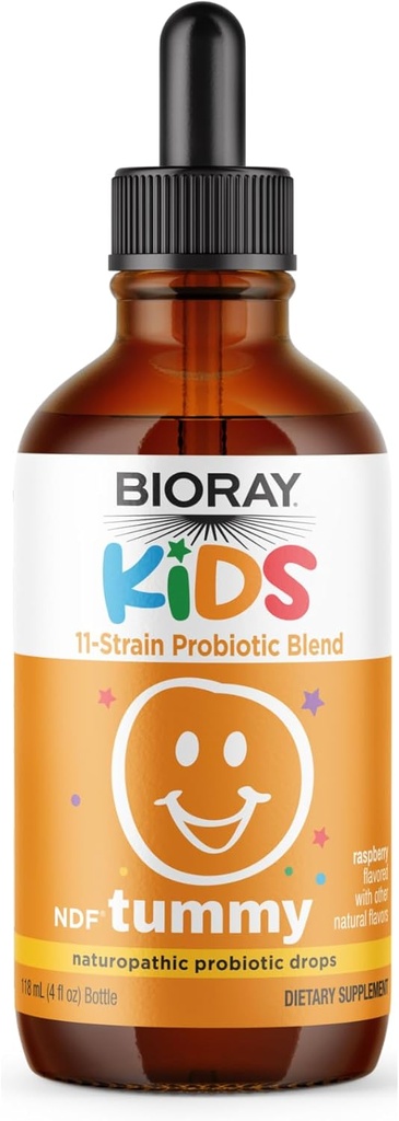 BIORAY Kids NDF Tummy, Raspberry - 4 fl oz (120 ml) - 11- Strain Probiotic Blend - Understøtter immunrespons i GI Tract - Non-GMO, Vegan, Gluten Free - Ca. en. 120 Tjenester