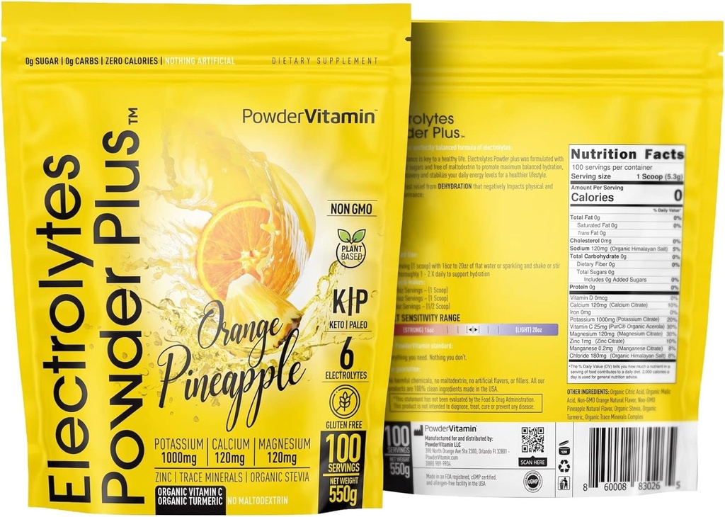 PowderVitamin Electrolytes Powder Plus (100 Servere) Orange Ananas Electrolyte Powder Zero Calorie, Keto, 0 Sugar, No Maltodextrin, 1000mg Kalium, 120mg Calcium, 120mg Magnesium, Hydrationspulver