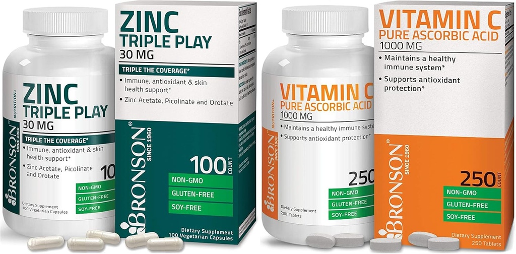 Bronson Vitamin C 1000 mg Premium Non-GMO Ascorbic Acid + Bronson Zinc Triple Play 30 mg Triple Coverage Immune Support Zinc Supplement