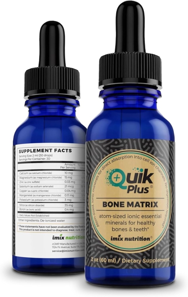 QuikPlus Bone Matrix med Calcium, Magnesium, Zink og Kalium - Inkluderer 9 Ionic Liquid Minerals, Collagenizer til ben og tænder Support, Vegan, Gluten- Free, All Natural (2 Oz)