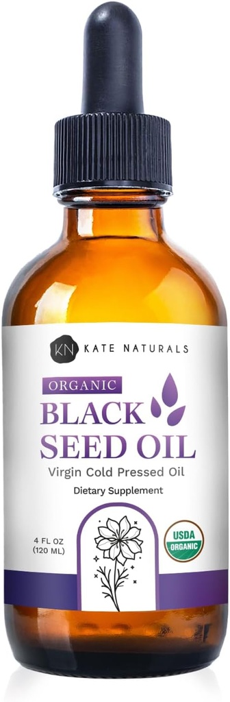 Kate Naturals Organic Black Seed Oil (4oz, Virgin, Cold Pressed, Non- GMO) Flydende Nigella Sativa til immunforsvar & fordøjelse. Pure Blackseed Cumin Oil til hår og hud
