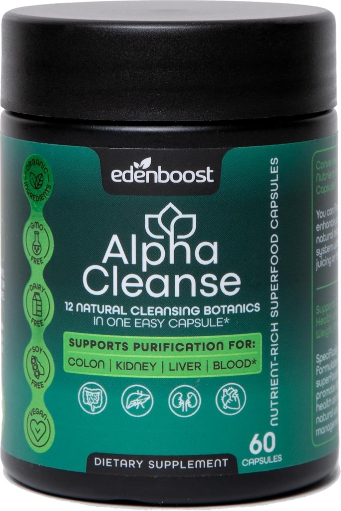 EdenBoost AlphaCleanse Mea124; Advanced 12- in-1 Leversundhed & Detox Support Measurems 124; Organic Superfoods Blend with Milk Thistle, Spirulina, Ginger & Gurkemeje for Lever Beskyttelse & fordøjelsessygdomme