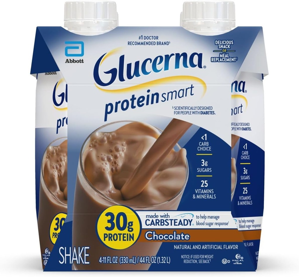 Glucerna Protein Smart Diabetes Care Shake, Chokolade, Diabetisk Meal Erstatning til støtte for blodsukkerforvaltning, 30g Protein, 150 kalorier, Klar til at drikke, 11-fl- oz flaske, 4 Pack