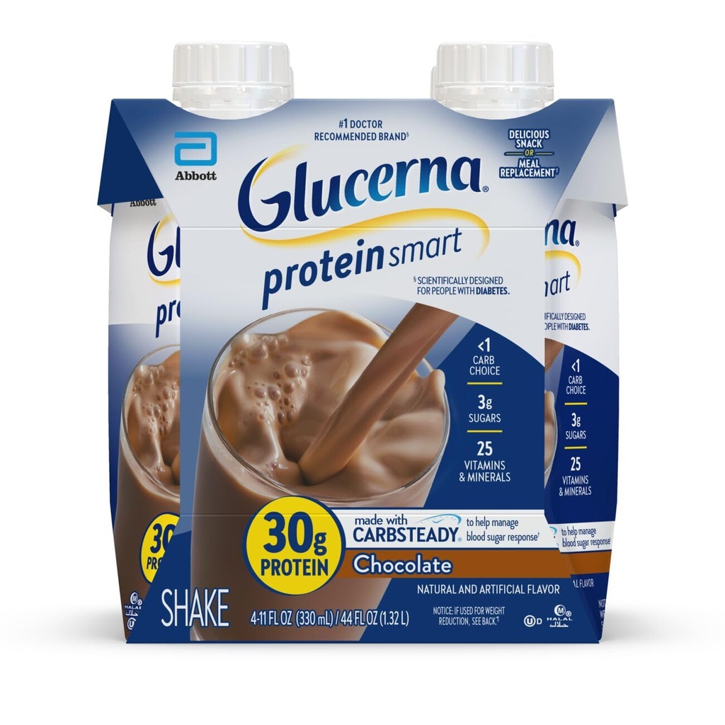 Glucerna Protein Smart Diabetes Care Shake, Chokolade, Diabetisk Meal Erstatning til støtte for blodsukkerforvaltning, 30g Protein, 150 kalorier, Klar til at drikke, 11-fl- oz flaske, 4 Pack
