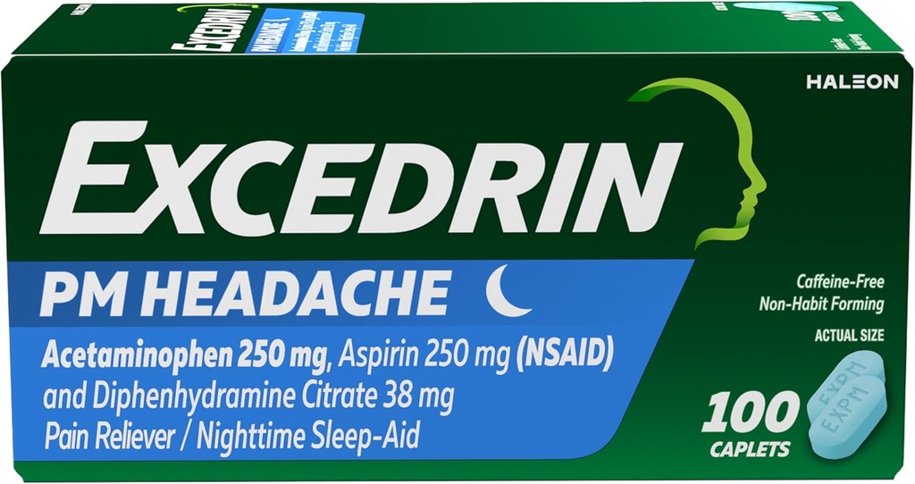 Overskridelse PM for hovedpine Relief, Acetaminophen 250 mg, Aspirin 250 mg, Diphenhydramin Citrate 38mg, Pain Reliever, Nighttime Sleep- Aid, 100 Count