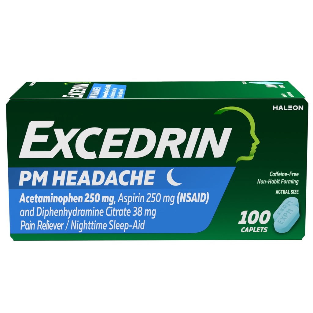 Overskridelse PM for hovedpine Relief, Acetaminophen 250 mg, Aspirin 250 mg, Diphenhydramin Citrate 38mg, Pain Reliever, Nighttime Sleep- Aid, 100 Count