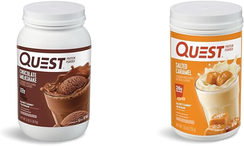 Quest Nutrition Chocolate Milkshake Protein Powder, 22g Protein, 1g Sugar, Low Carb, Gluten Free, 3 Pund, 43 Servere & Saltet Caramel Protein Powder; 26g Protein; 1g Sugar; Low Carb; Gluten Free