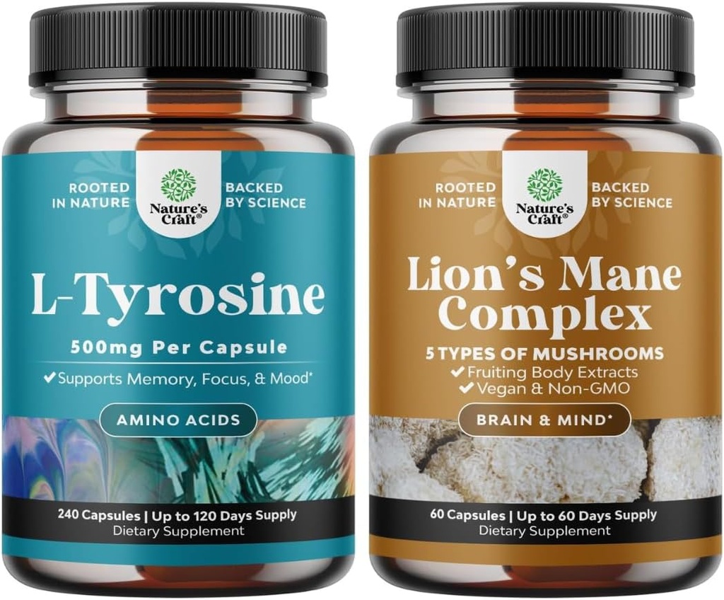 Bundle of Free Form L Tyrosine 1000mg Per Serving - High Strength L-Tyrosine Supplement for energi og fokus support og Advanced Lions Mane Mushroom